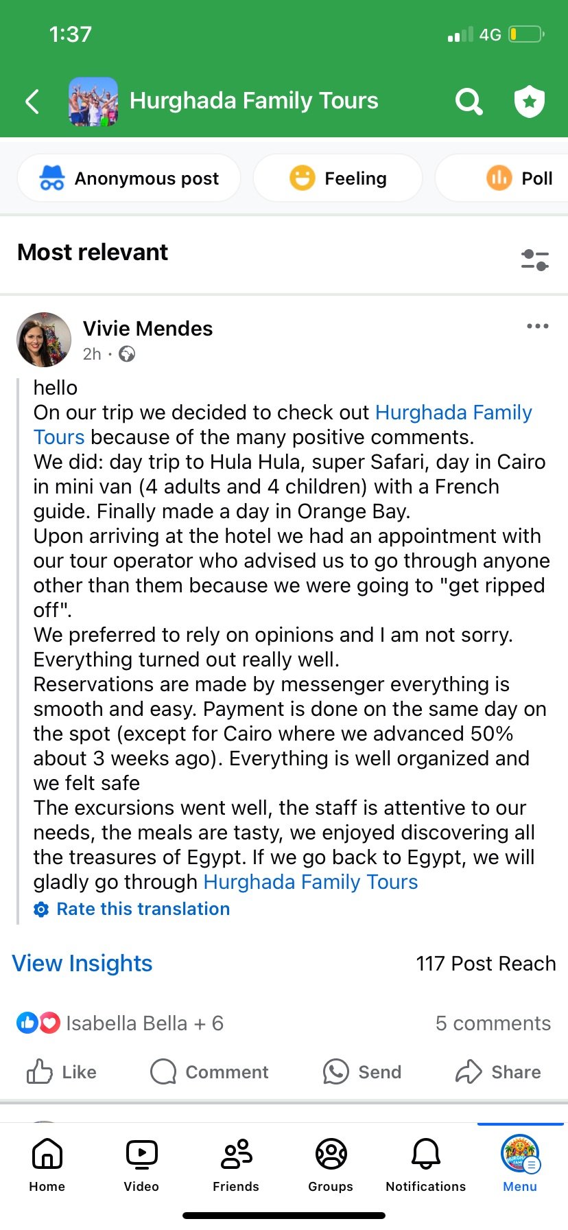 Real UK family review of Hurghada Family Tours on Facebook — 1 of 82 reviews