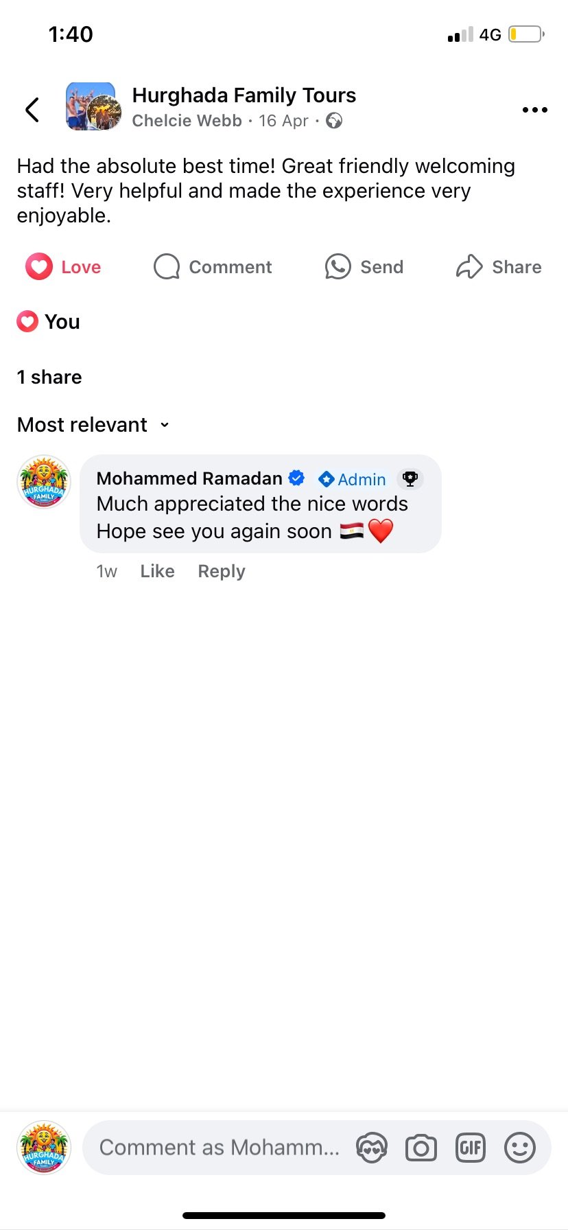 Real UK family review of Hurghada Family Tours on Facebook — 5 of 82 reviews