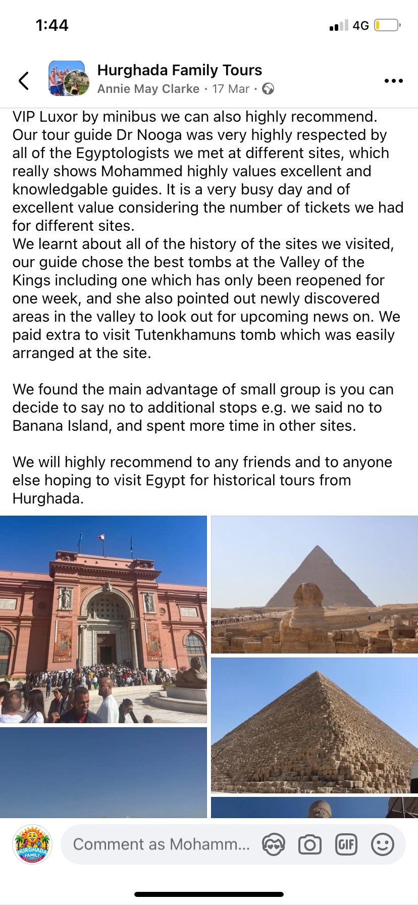 Real UK family review of Hurghada Family Tours on Facebook — 21 of 82 reviews
