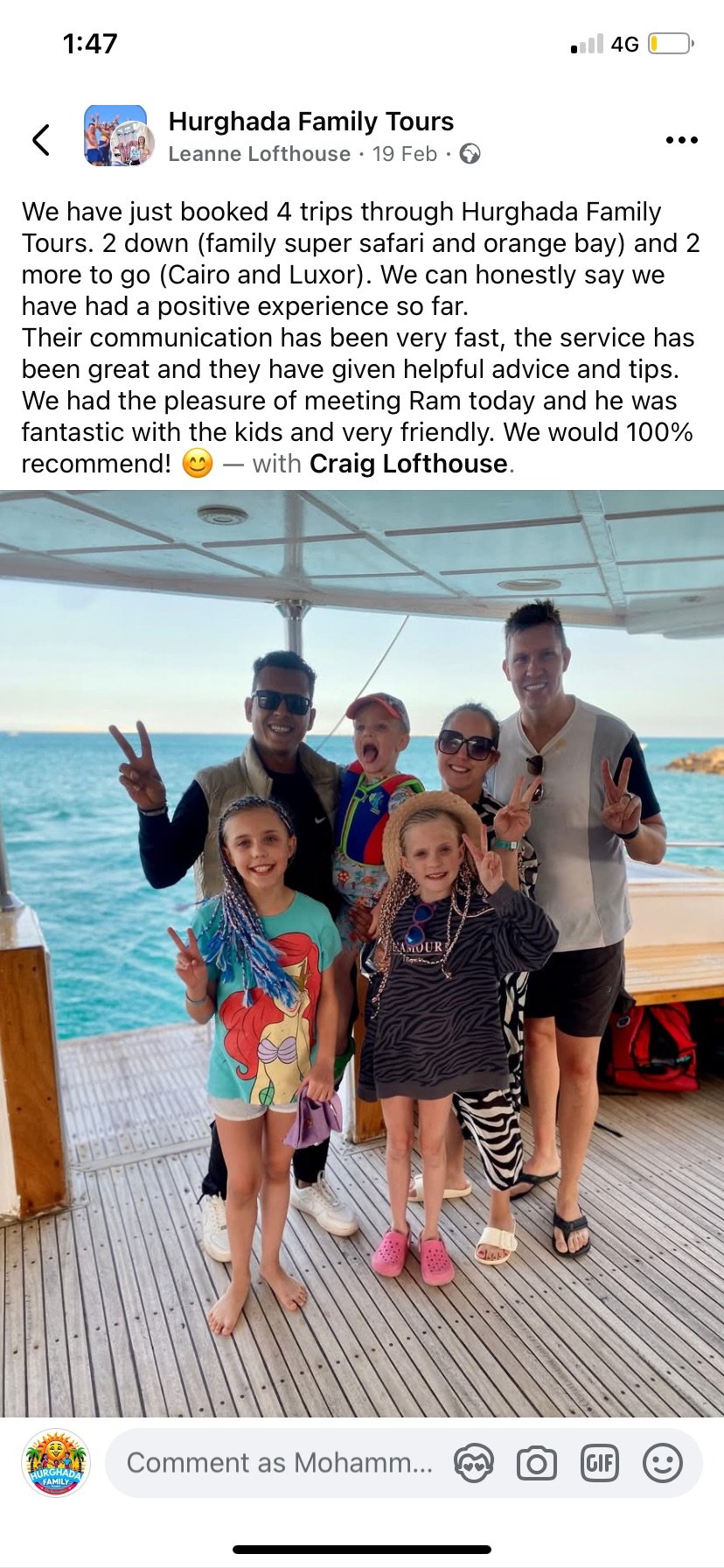 Real UK family review of Hurghada Family Tours on Facebook — 34 of 82 reviews