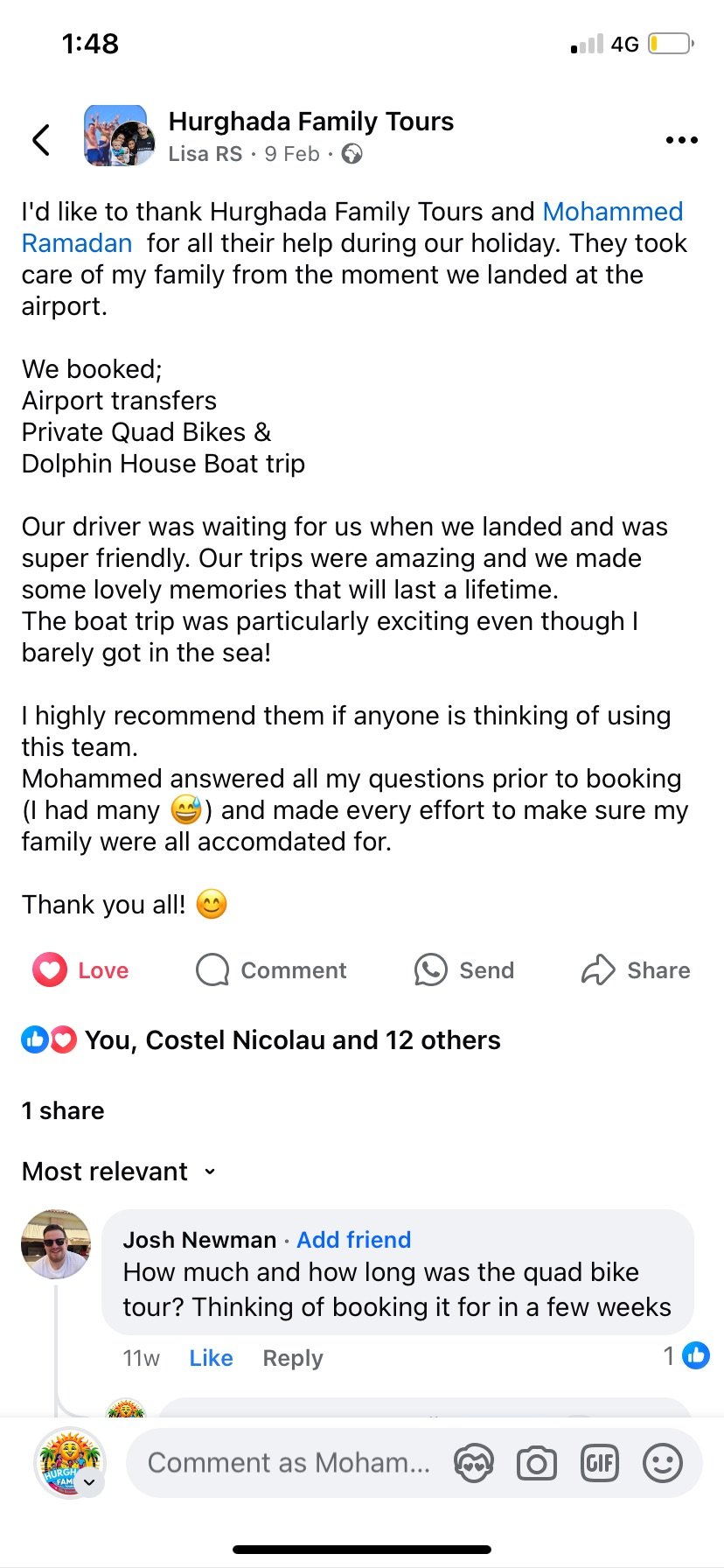 Real UK family review of Hurghada Family Tours on Facebook — 38 of 82 reviews