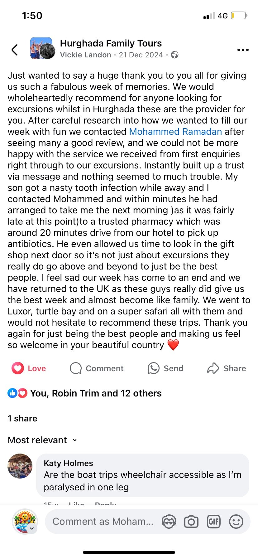 Real UK family review of Hurghada Family Tours on Facebook — 43 of 82 reviews