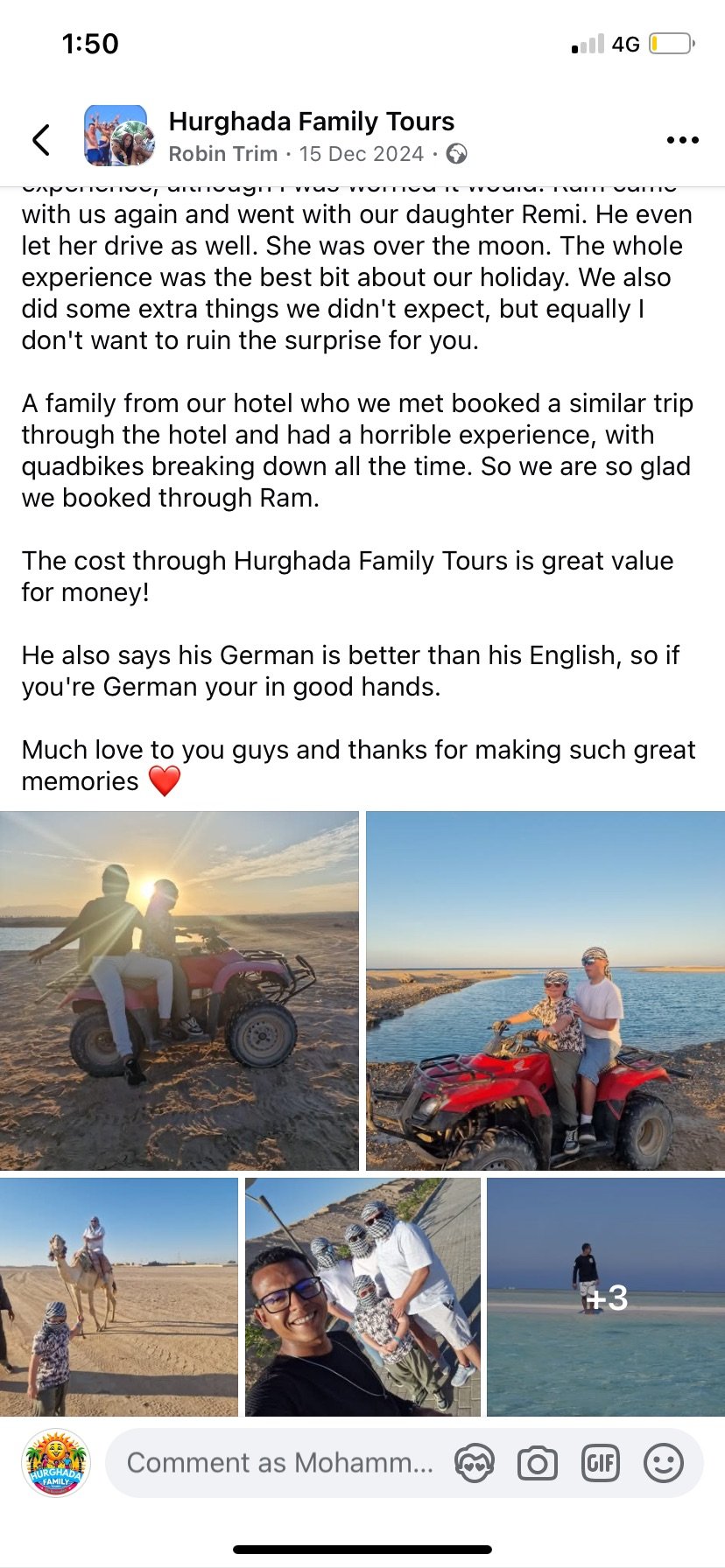 Real UK family review of Hurghada Family Tours on Facebook — 44 of 82 reviews