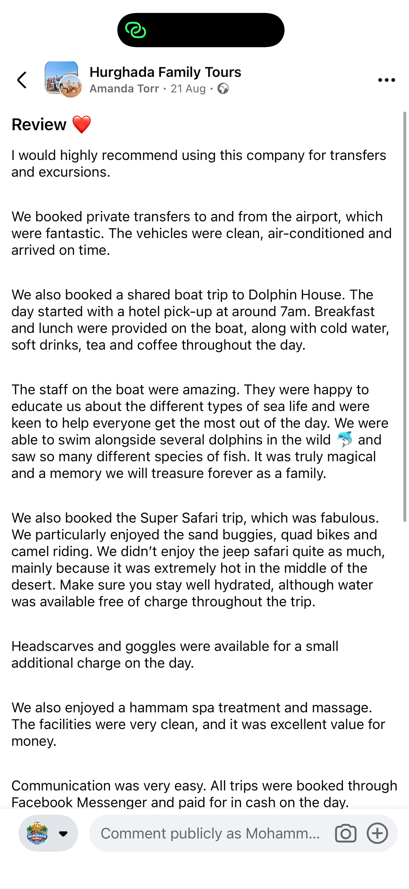 Real UK family review of Hurghada Family Tours on Facebook — 74 of 82 reviews